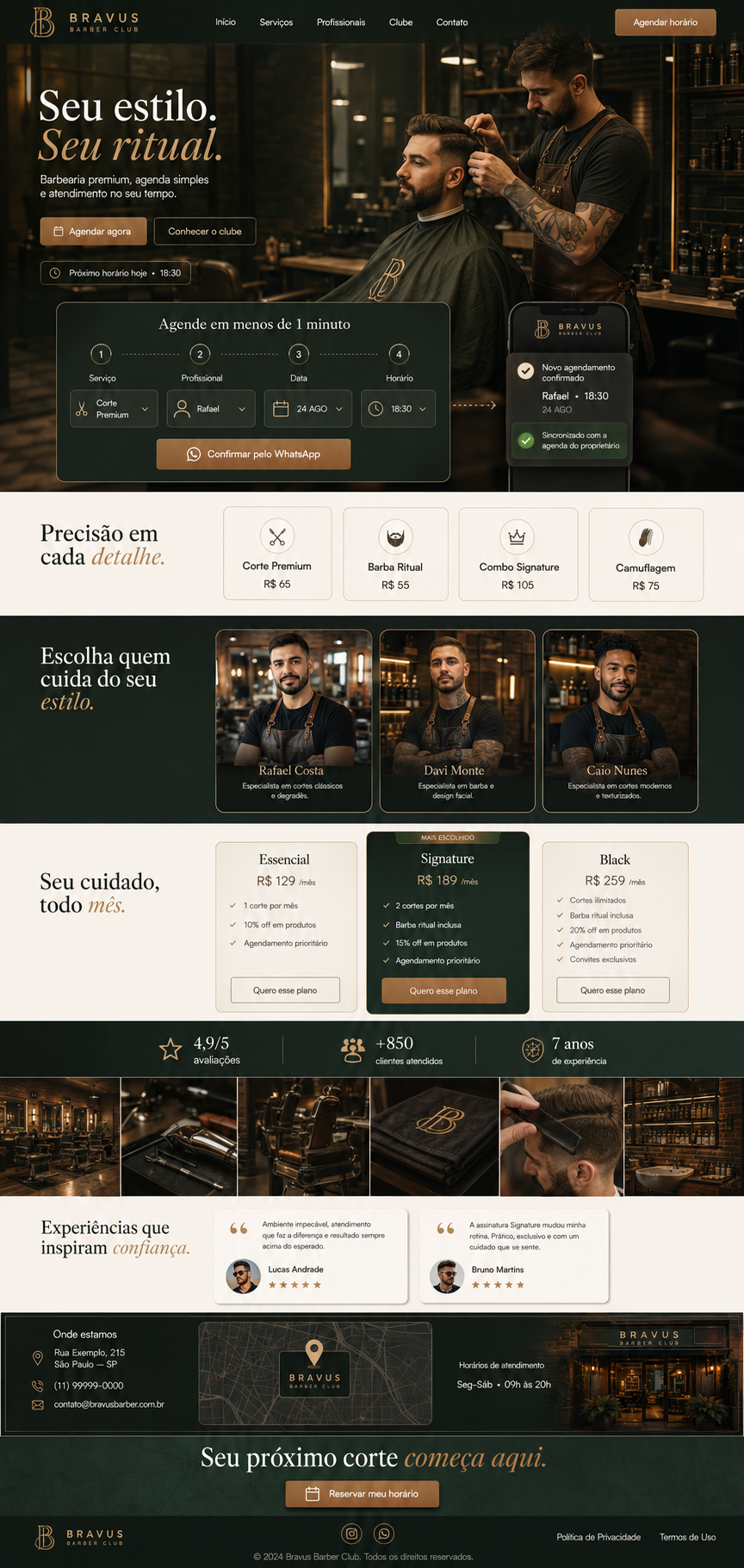 Landing page premium da Bravus Barber Club com barbeiro atendendo um cliente