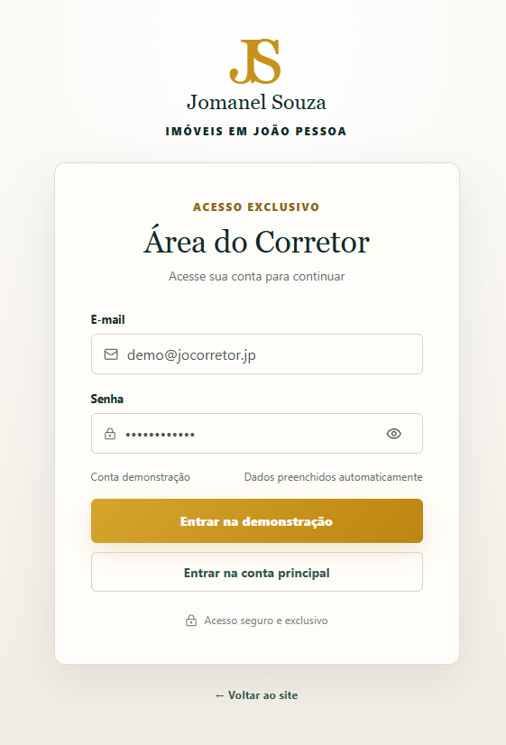 Tela de acesso à área do corretor
