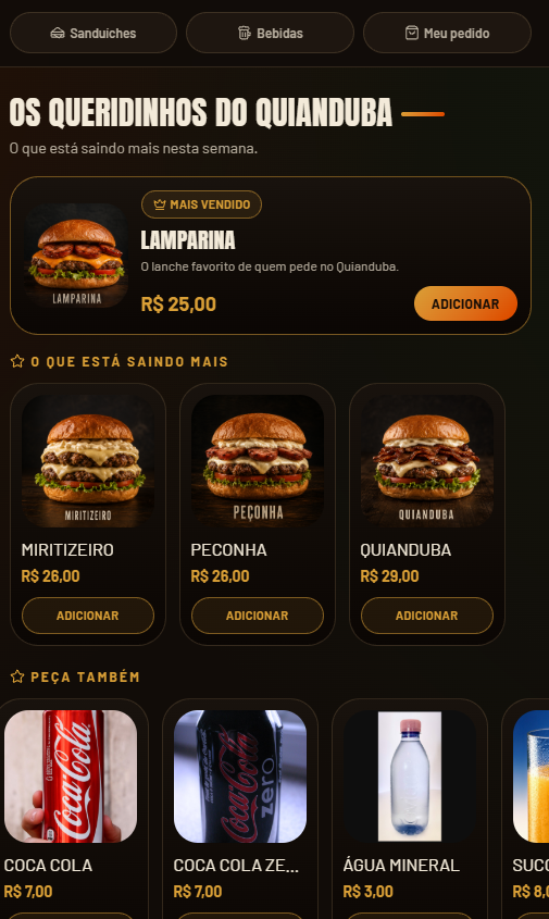 Cardápio digital com os destaques do Quianduba